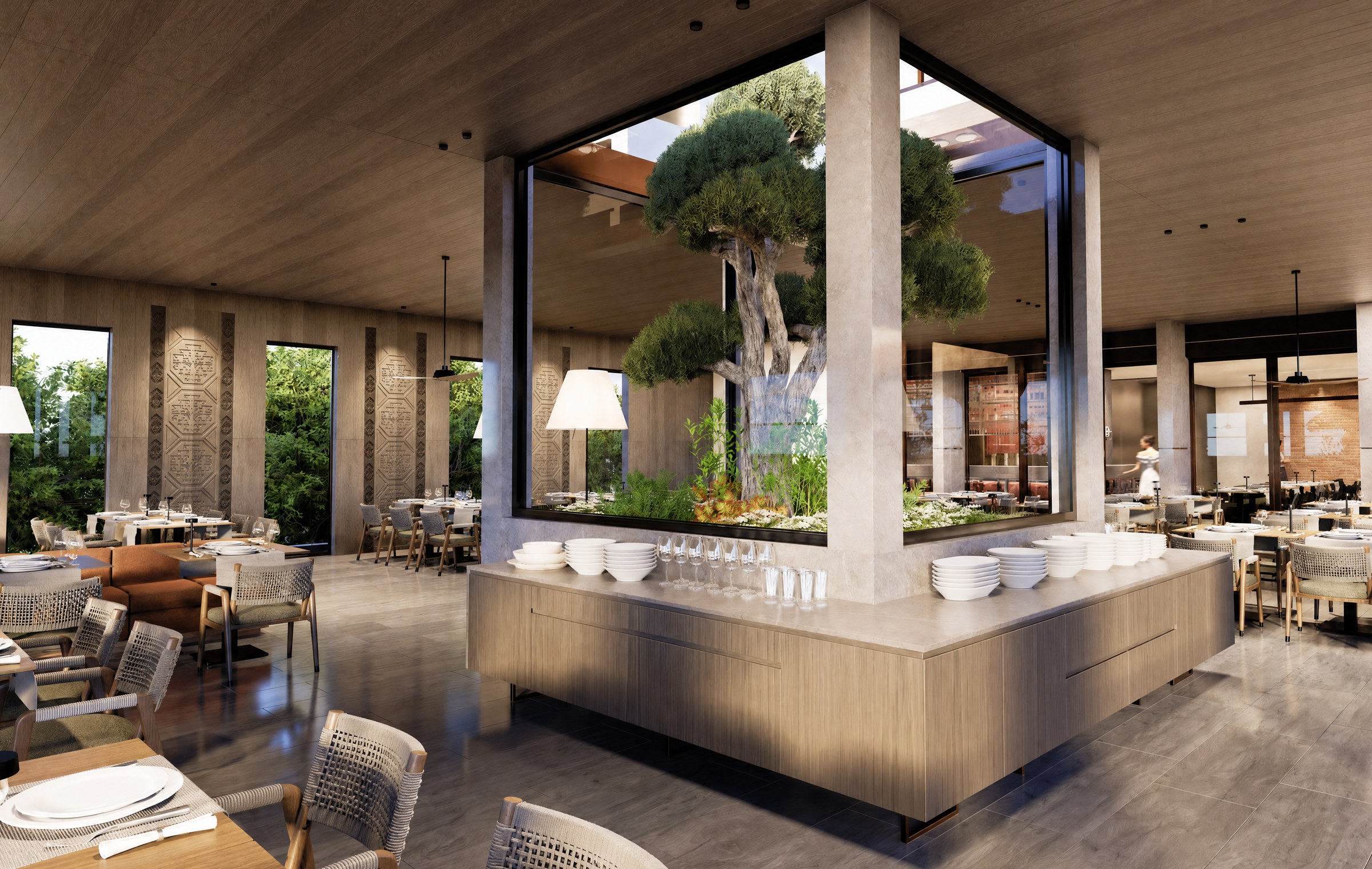 Piazza — dining room with the central garden island