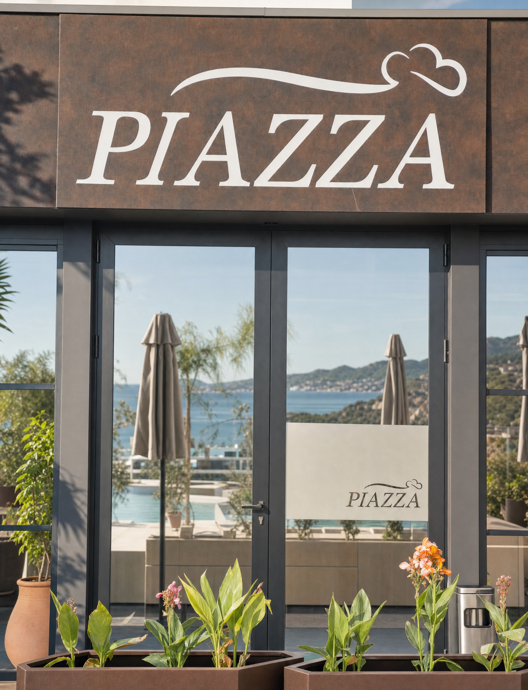 Piazza — the entrance beneath its lettering