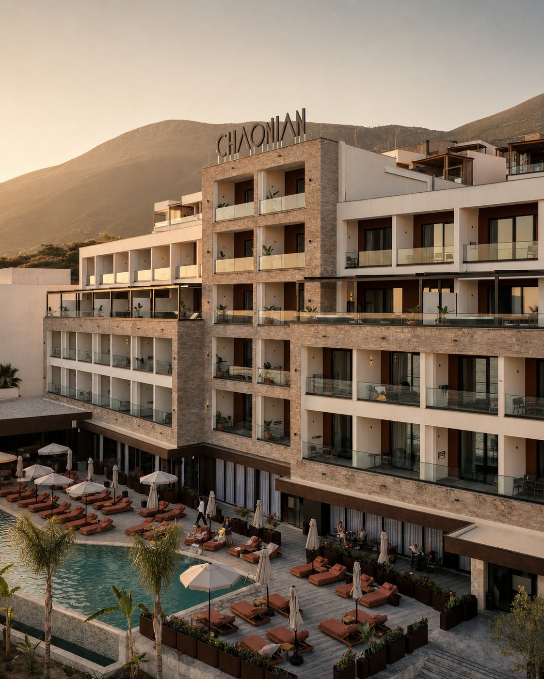 Chaonian Hotel — the seaward elevation beneath the coastal hills