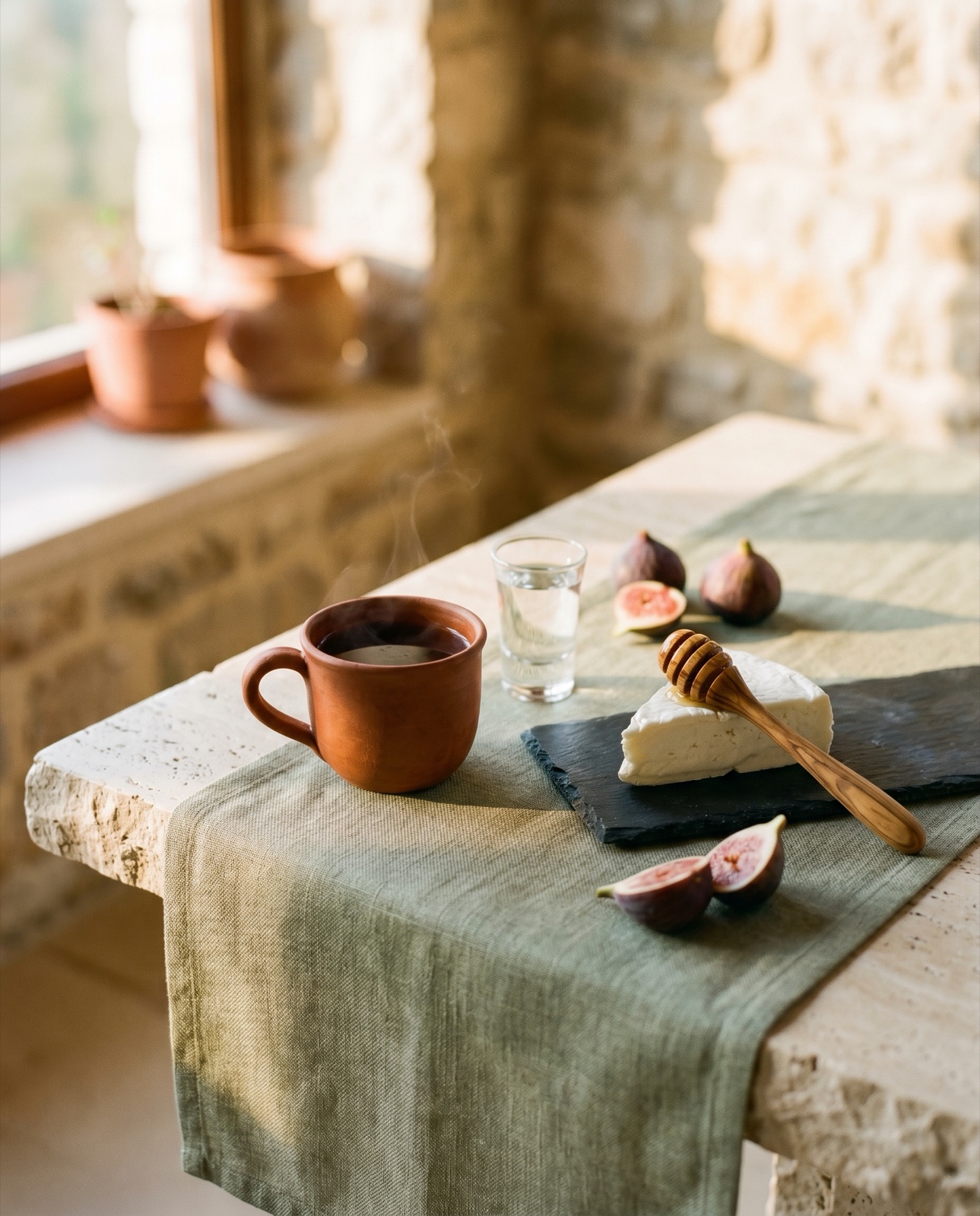 A traditional Albanian welcome — terracotta cup of mountain tea, olives, fresh figs, glass of raki on a sage runner