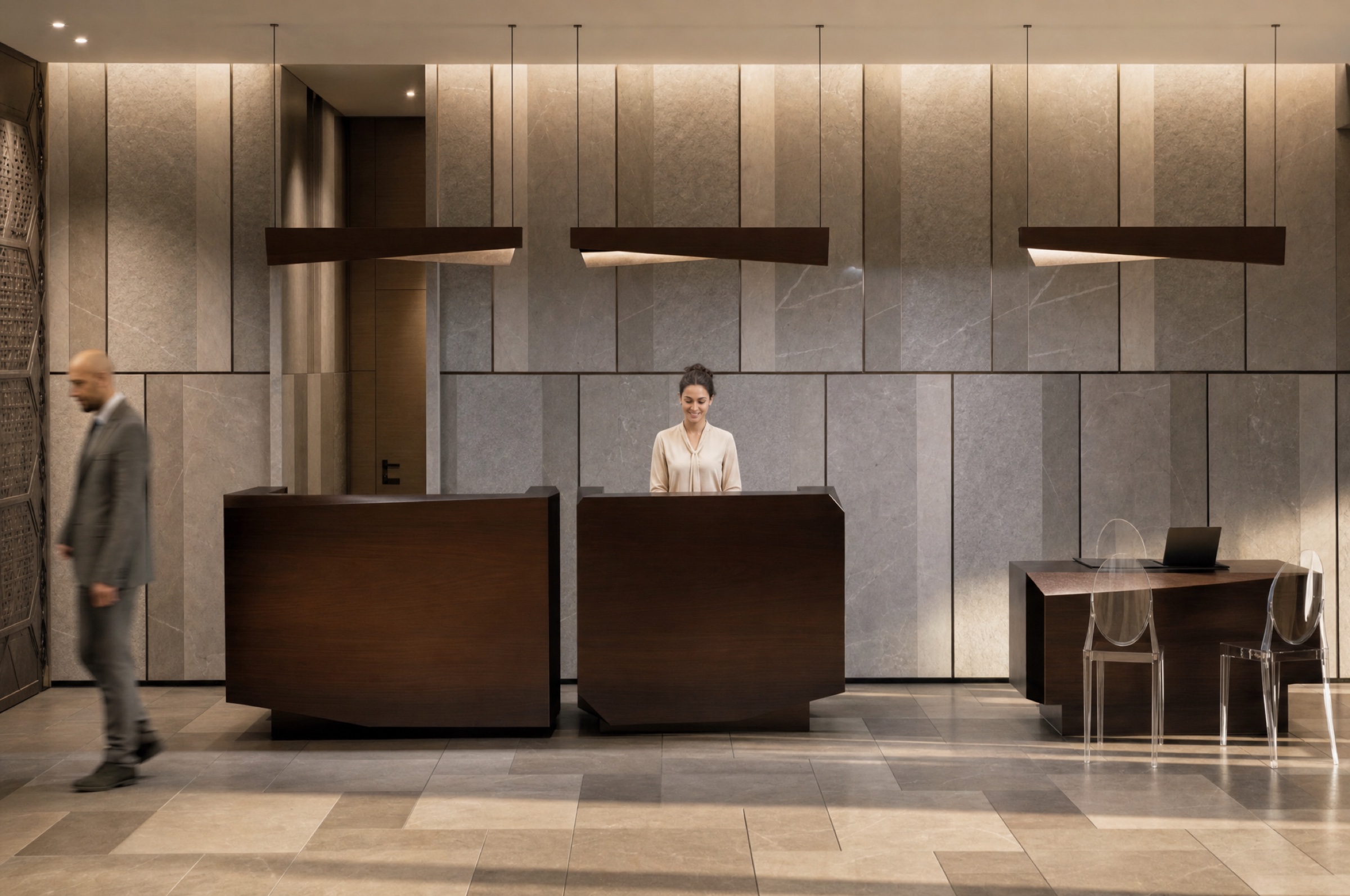 Reception — marble feature wall and walnut counter