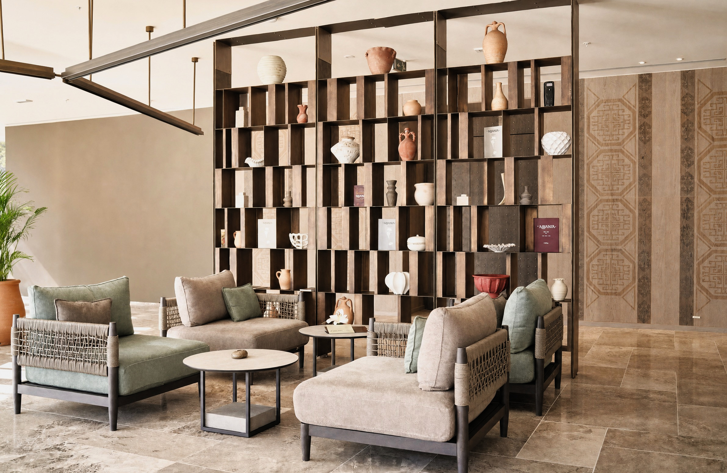 Lobby lounge — seating behind the open shelf of Albanian pottery