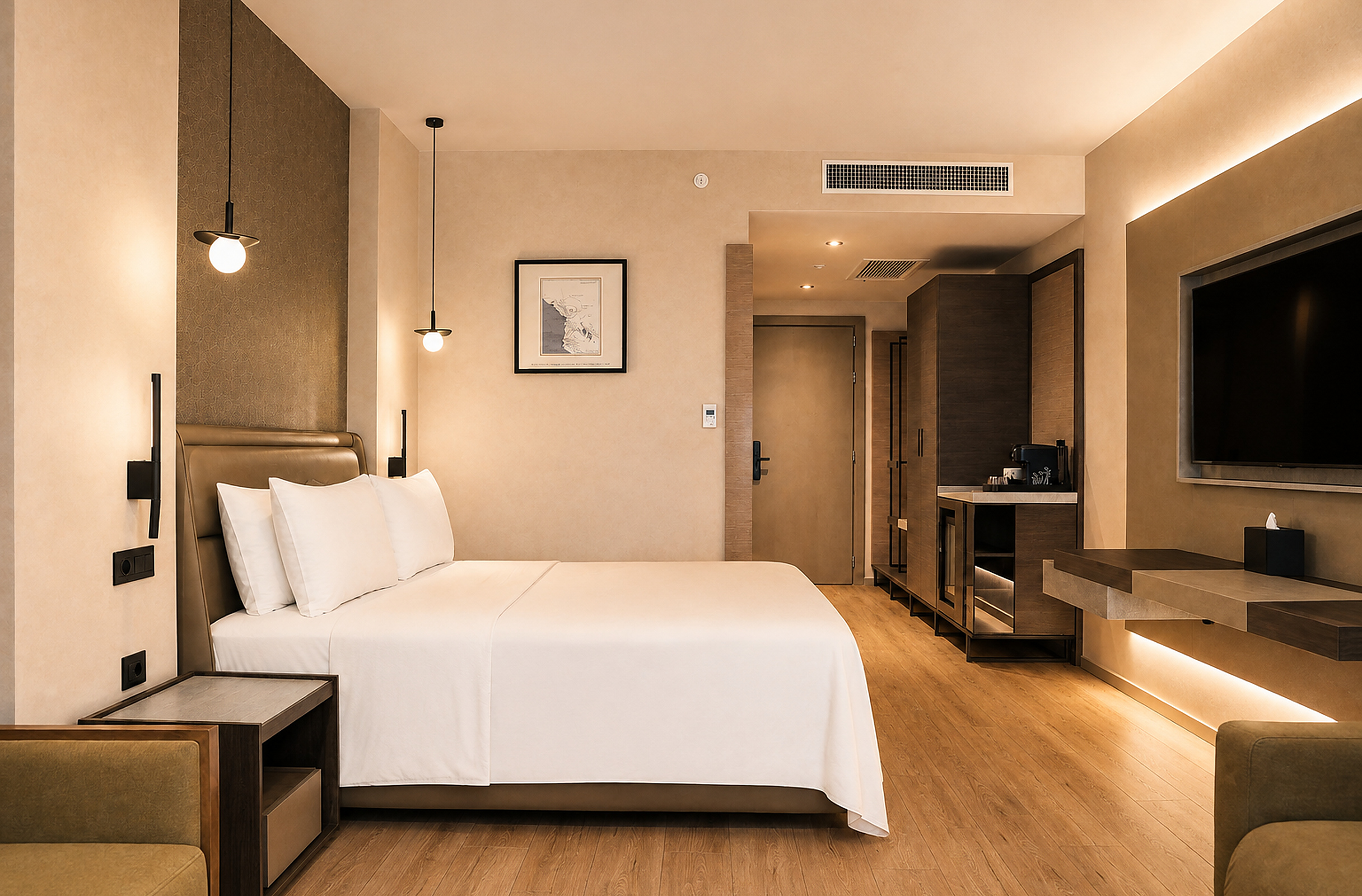Superior Room — bedroom, desk and minibar in evening light